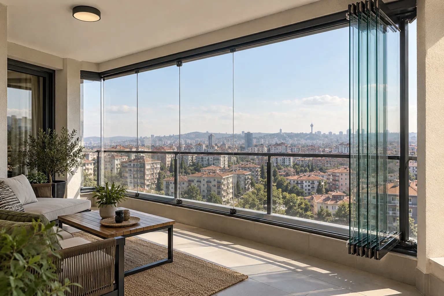Katlanır cam panelleri yana toplanmış bir cam balkon sistemi
